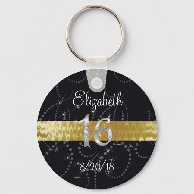 Sweet Sixteen, Faux Gold & Silver, Party Favor Keychain (Front)