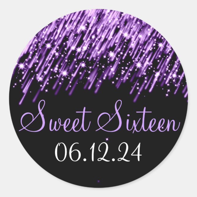 Sweet Sixteen Favor Falling Stars Purple Classic Round Sticker (Front)