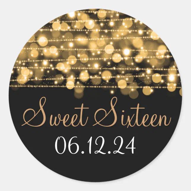 Sweet Sixteen Favor Party Sparkles Gold Classic Round Sticker | Zazzle