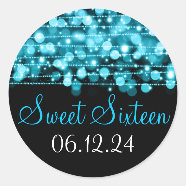 Sweet Sixteen Favor Party Sparkles Turquoise Classic Round Sticker (Front)