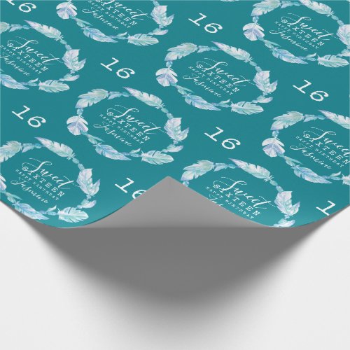 Sweet sixteen feathers and beads aqua watercolor wrapping paper