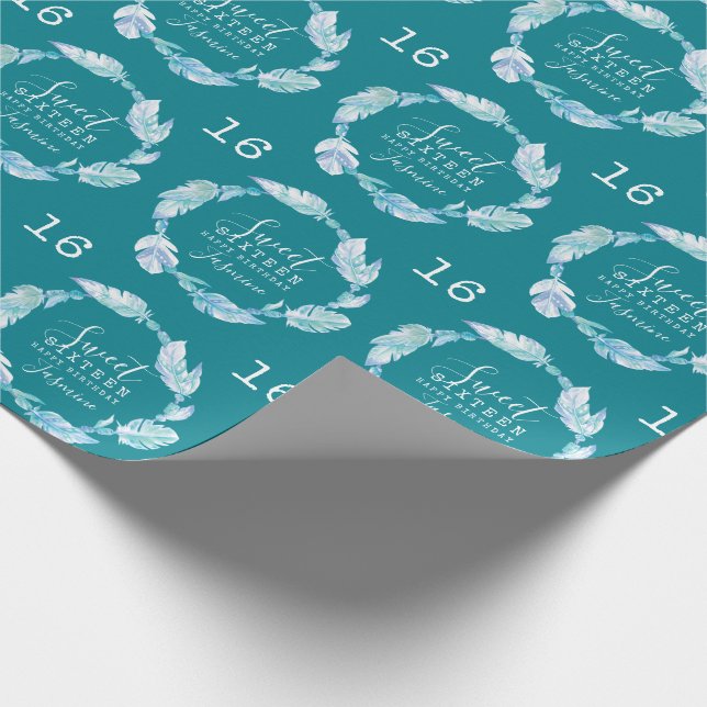 Sweet sixteen feathers and beads aqua watercolor wrapping paper (Corner)