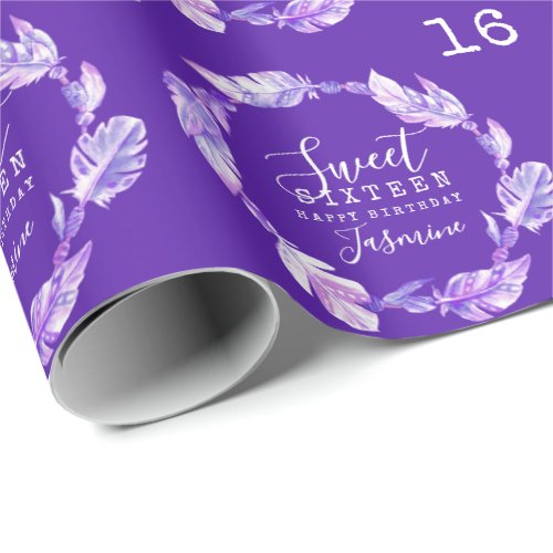 Sweet sixteen feathers and beads purple watercolor wrapping paper