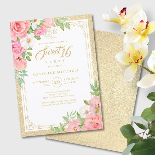 Sweet Sixteen Floral Elegant Rose Tulip Pink Invitation