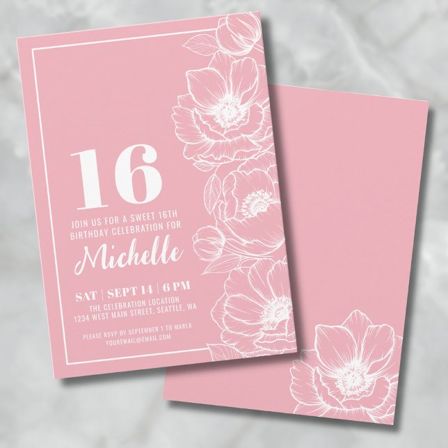 Sweet Sixteen Floral Pink 16th Birthday Invitation (Sweet Sixteen Elegant Pink Floral 16th Birthday Invitation)