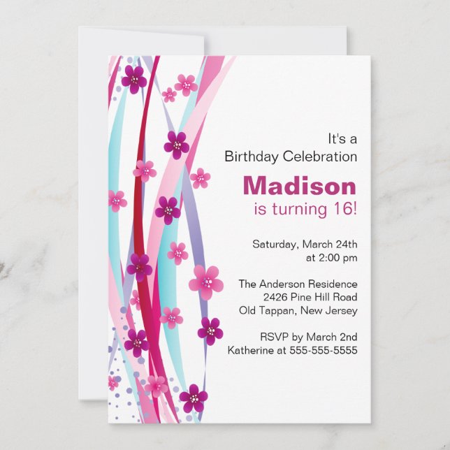 Sweet Sixteen Foral Ribbons Birthday Invite (Front)