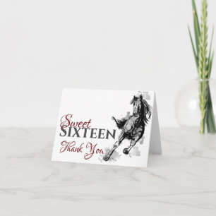 Sweet Sixteen Galloping Horse Sketch Birthday Thank You Card