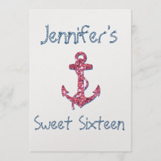 Sweet Sixteen Girly, Fun, Pink Glitter Anchor Invitation