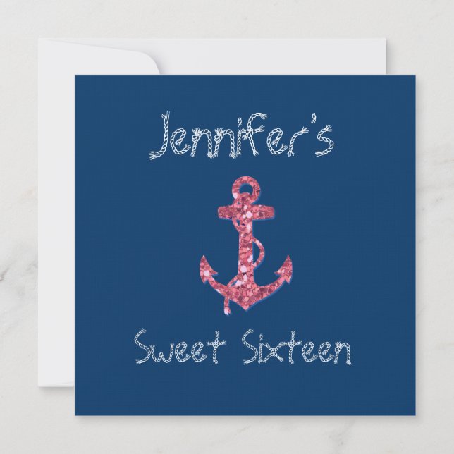 Sweet Sixteen Girly, Nautical Pink Glitter Anchor Invitation (Front)