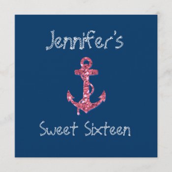 Sweet Sixteen Girly  Nautical Pink Glitter Anchor Invitation by CrestwoodandBeach at Zazzle