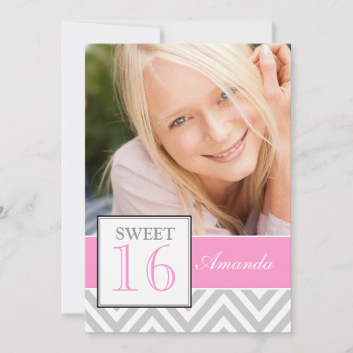SWEET SIXTEEN GIRLY PINK GRAY CHEVRON PATTERN INVITATION