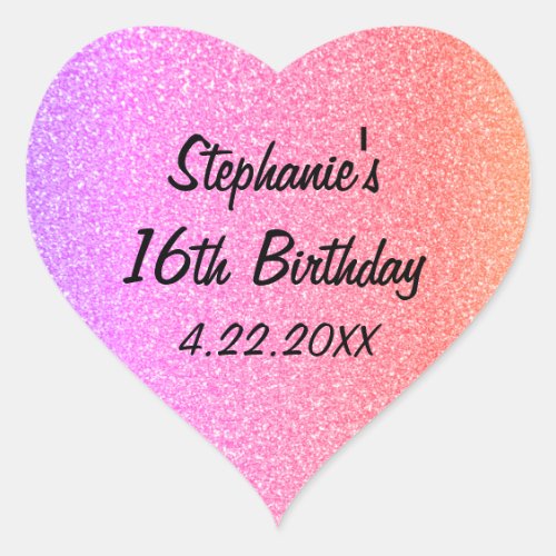 Sweet Sixteen Glittery Pink 16th Birthday Party Heart Sticker