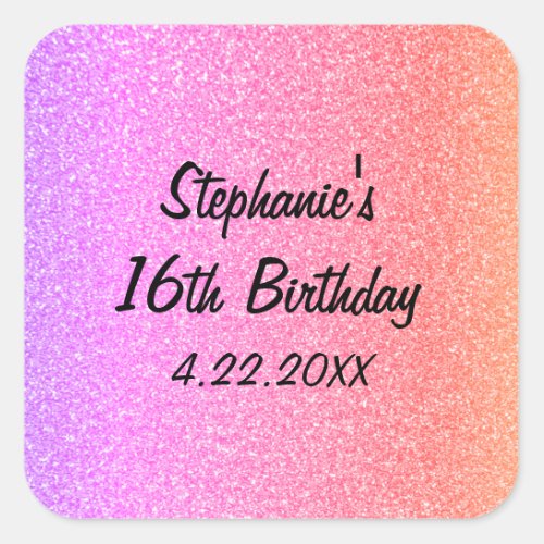 Sweet Sixteen Glittery Pink 16th Birthday Party Square Sticker