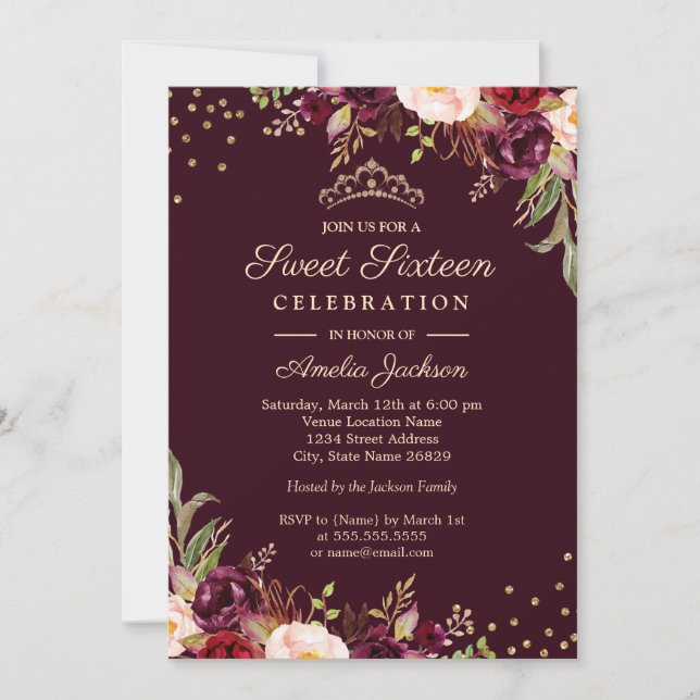 Sweet Sixteen Gold Burgundy floral Sparkle Invitation (Front)