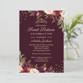 Sweet Sixteen Gold Burgundy floral Sparkle Invitation (Standing Front)