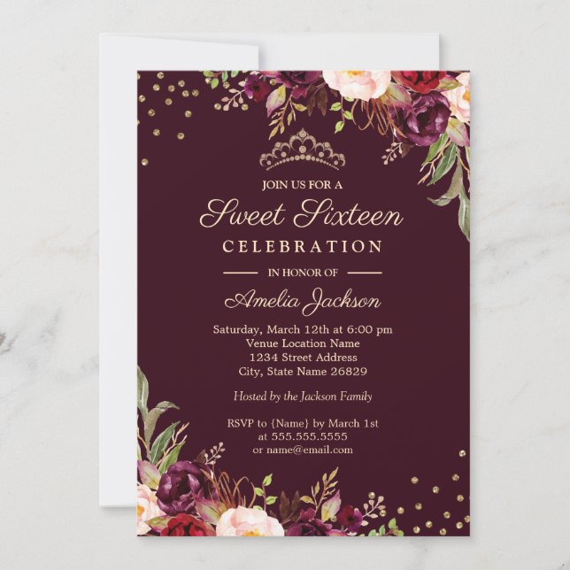Sweet Sixteen Gold Burgundy floral Sparkle Invitation (Front)