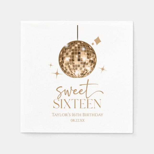 Sweet Sixteen Gold Disco Ball 16th Birthday Party Napkins (Front)