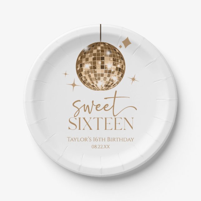 Sweet Sixteen Gold Disco Ball 16th Birthday Party Paper Plates (Front)