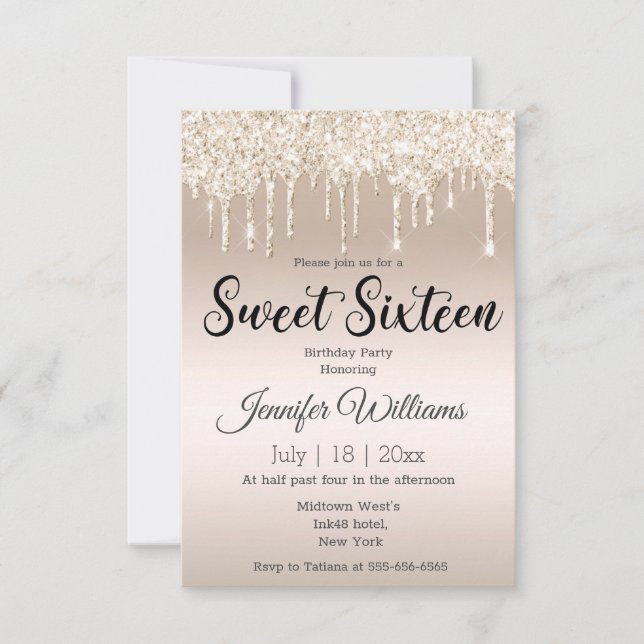 sweet sixteen gold dripping glitters champagne invitation (Front)