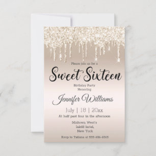 sweet sixteen gold dripping glitters champagne invitation