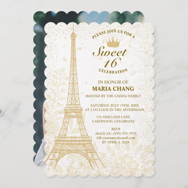 Sweet Sixteen: Gold Eiffel Tower and Floral Accent Invitation (Front/Back)