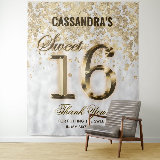 Sweet Sixteen Gold Faux Foil Glitter Tapestry (In Situ)