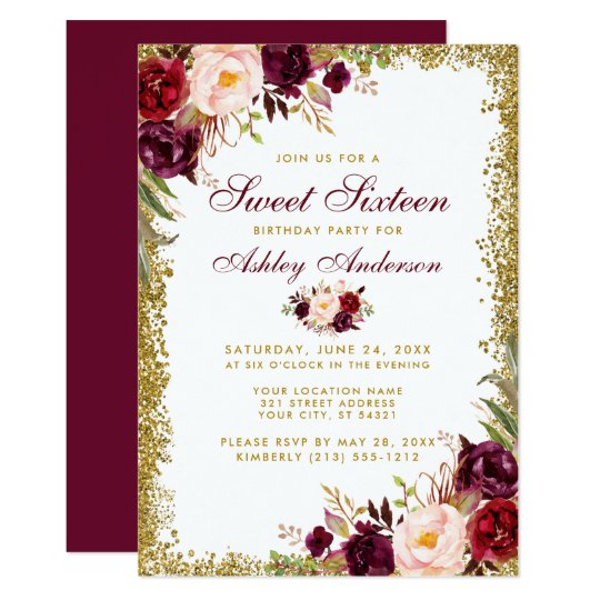 Sweet Sixteen Gold Glitter Burgundy Floral Invitation 5685