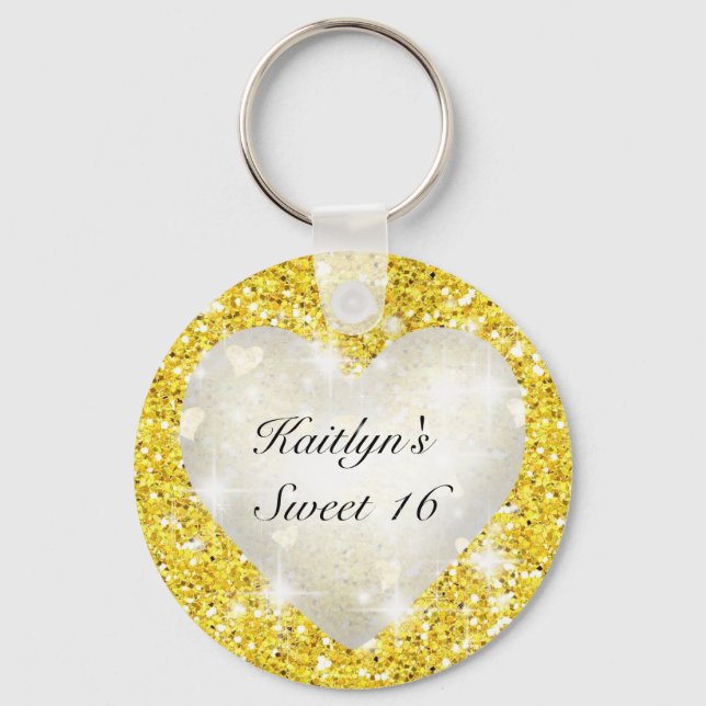 Sweet Sixteen, Gold Glitter, Heart, Party Favor Keychain (Front)