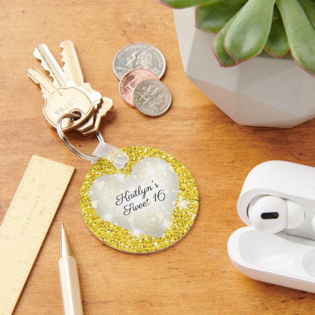 Sweet Sixteen, Gold Glitter, Heart, Party Favor Keychain (Desk)