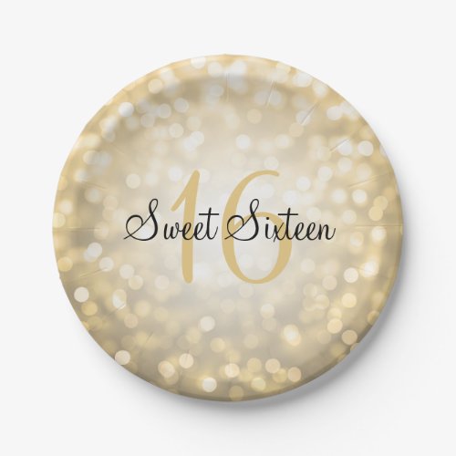 Sweet Sixteen Gold Glitter Lights Paper Plates