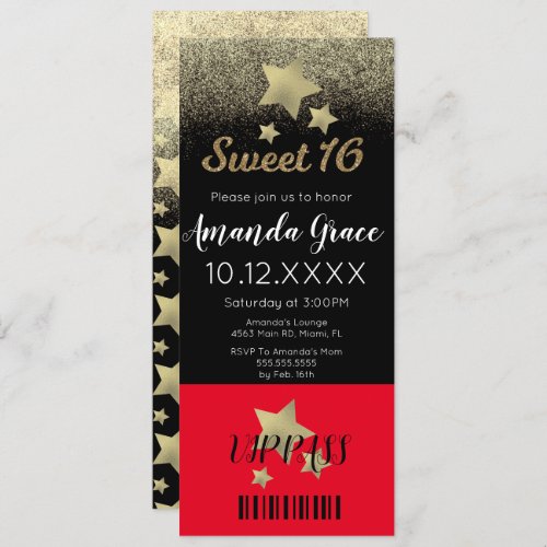 Sweet Sixteen Gold Glitter Movie Star Red Carpet  Invitation