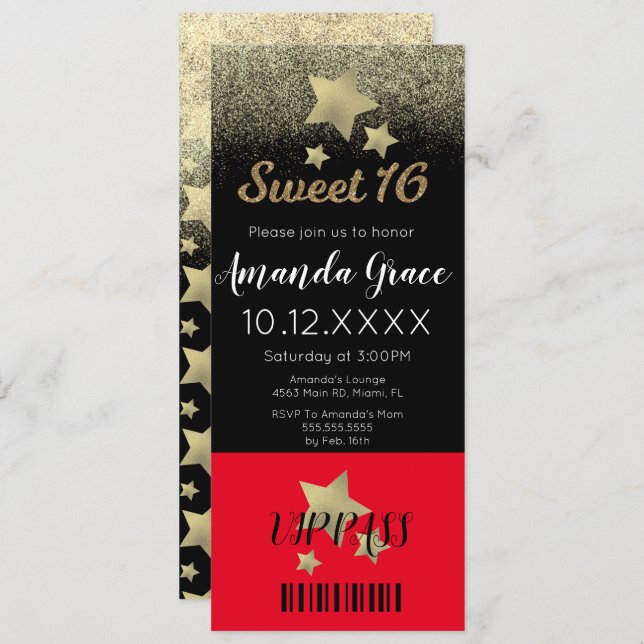 Sweet Sixteen Gold Glitter Movie Star Red Carpet  Invitation (Front/Back)
