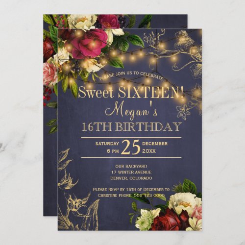 Sweet sixteen gold lights floral winter rustic invitation