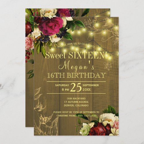 Sweet sixteen gold lights wood floral autumn fall invitation