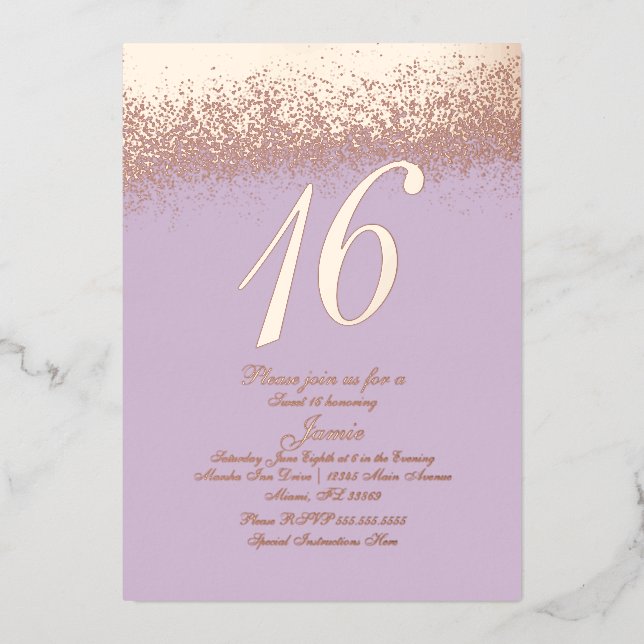 Sweet Sixteen Gold Pressed Glitter Lavender Foil Invitation (Front)