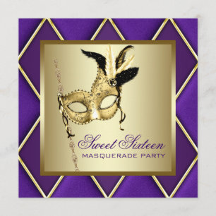 Sweet Sixteen Gold Purple Masquerade Party Invitation