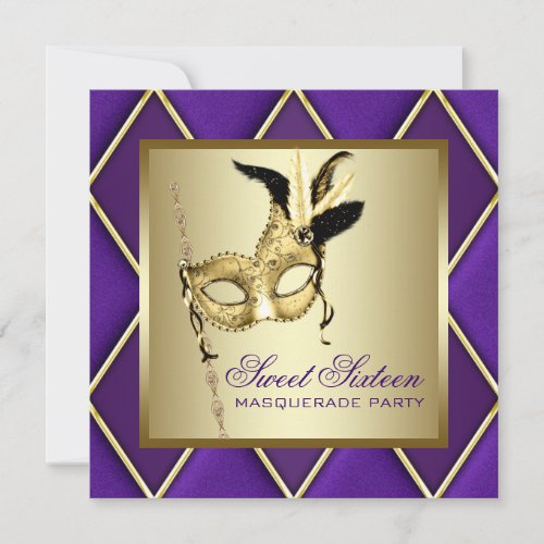 Sweet Sixteen Gold Purple Masquerade Party Invites