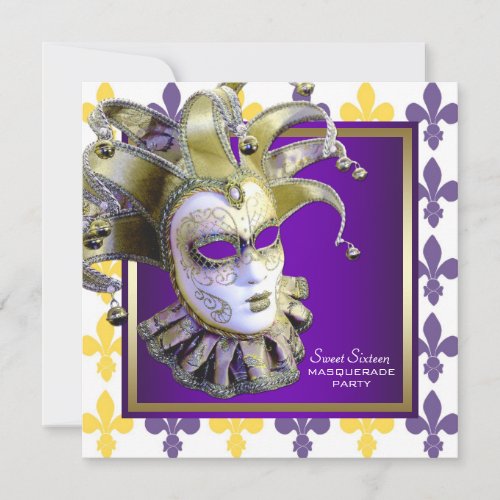 Sweet Sixteen Gold Purple Masquerade Party Personalized Announcement