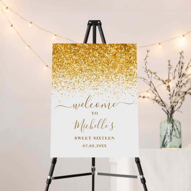 Sweet Sixteen Gold Yellow Glitter Name Welcome Foam Board (In Situ (Stand))