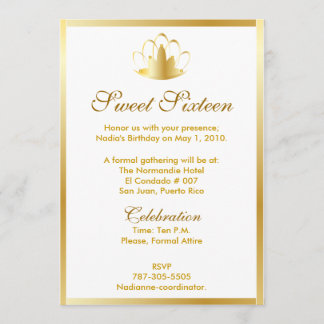 Sweet Sixteen Golden Tiara On White Invitation