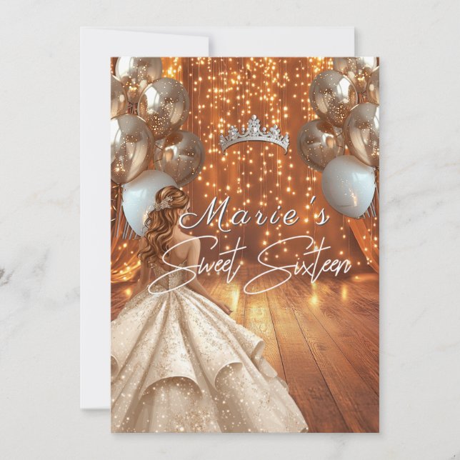 Sweet Sixteen Gown Gold Sparkle Balloons Crown Invitation (Front)
