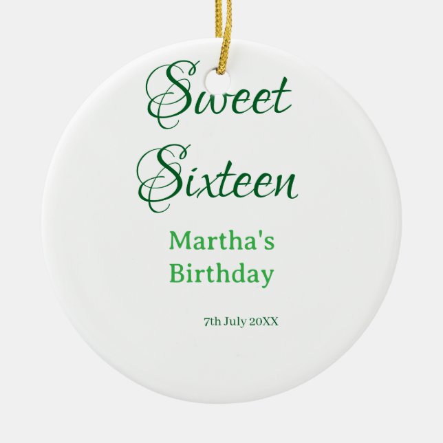 Sweet Sixteen green name date calligraphy boho ret Ceramic Ornament (Front)