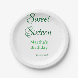 Sweet Sixteen green name date calligraphy boho ret Paper Plates