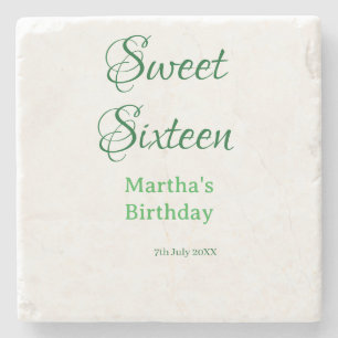 Sweet Sixteen green name date calligraphy boho ret Stone Coaster