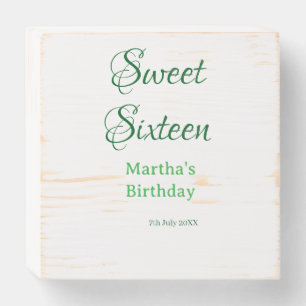 Sweet Sixteen green name date calligraphy boho ret Wooden Box Sign