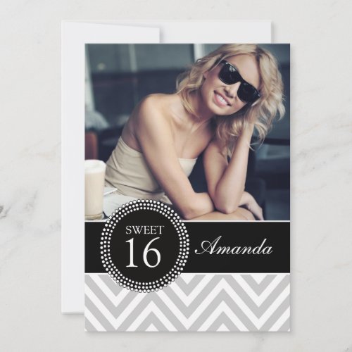 SWEET SIXTEEN GREY ZIG ZAG CHEVRON PATTERN CUSTOM INVITATIONS
