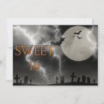 Sweet Sixteen Halloween Birthday Party Invitation<br><div class="desc">Scary Sweet Sixteen Birthday Party Invitation. Halloween theme with  black bats and a full moon over a dark and creepy graveyard. The lettering is a metallic look orange with a glow effect. Font on reverse can be customized to your needs.</div>