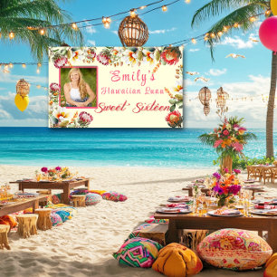 Sweet Sixteen Hawaiian Luau Tropical Flowers Banner