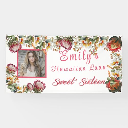 Sweet Sixteen Hawaiian Luau Tropical Flowers Banner