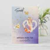 *~* SWEET SIXTEEN Heart Mermaid Pearl 16 Birthday Invitation (Standing Front)